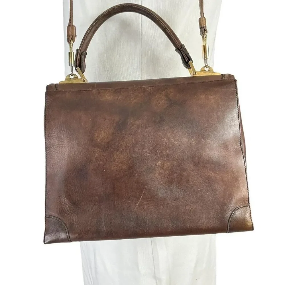 Gold Pfeil Leather Shoulder Bag Brown Medium Top Handle Shoulder Strap Vintage
